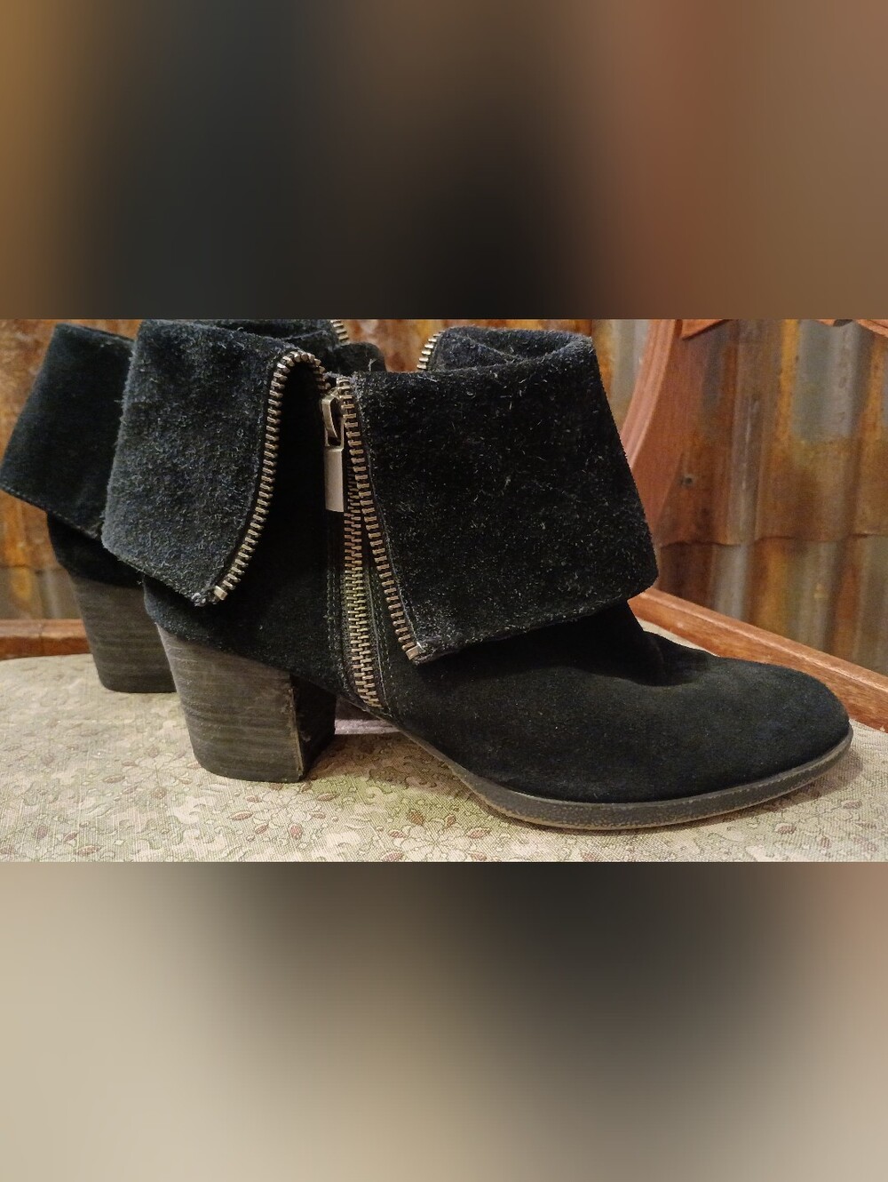 Adam Tucker Black Suede Fold-Over Ankle Booties with Side Zip
